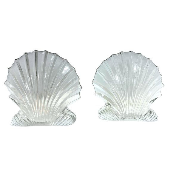 Vintage Blenko Art Glass Clear Scallop Clam Shell Bookends- Set of 2